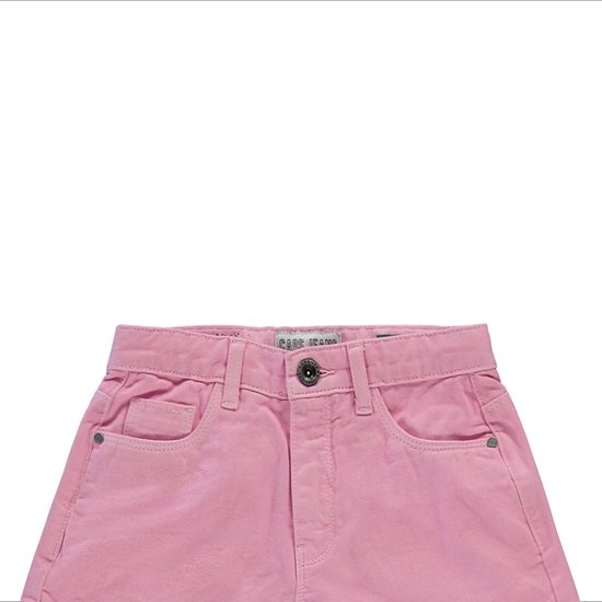 Roze denim shorts, close-up van de voorkant met Cars Jeans logo.