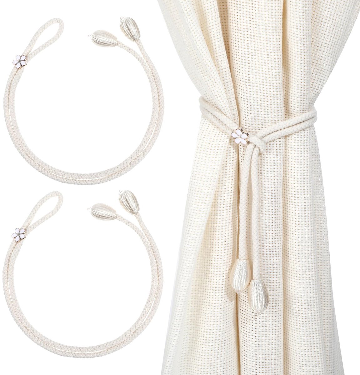 IMPERATORIS® Gordijnhouders - Gordijnclips - Decoratieve Touwen - Geen Boren Nodig - Modern Design - Set van 2 - Wit - 50 cm