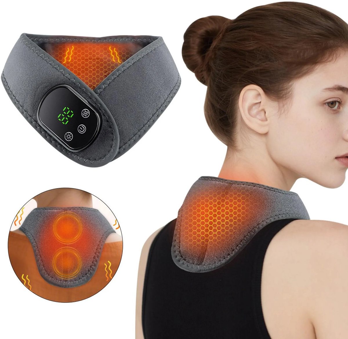 Elektrisch verwarmd nekmassagekussen, 5 temperatuurinstellingen, 3 vibratiestanden, 1800mAh batterij, USB-opladen, geschikt voor nek- en schoudergebied (één maat past iedereen).