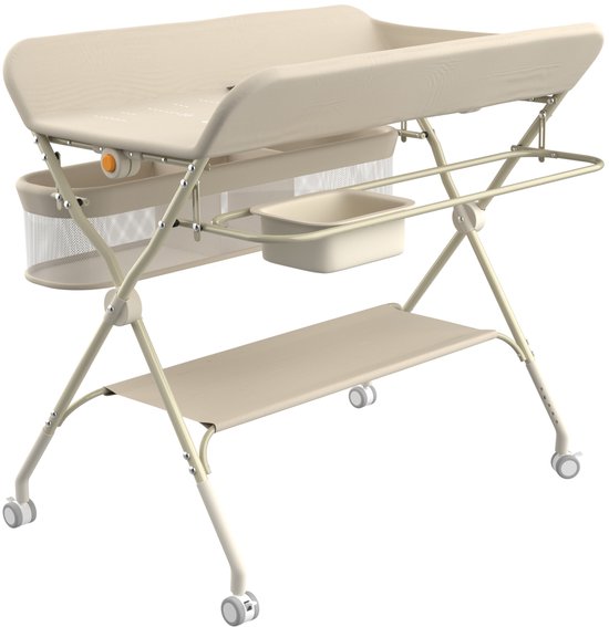 Beige commode met metalen frame, opbergmand, dienblad en wieltjes.
