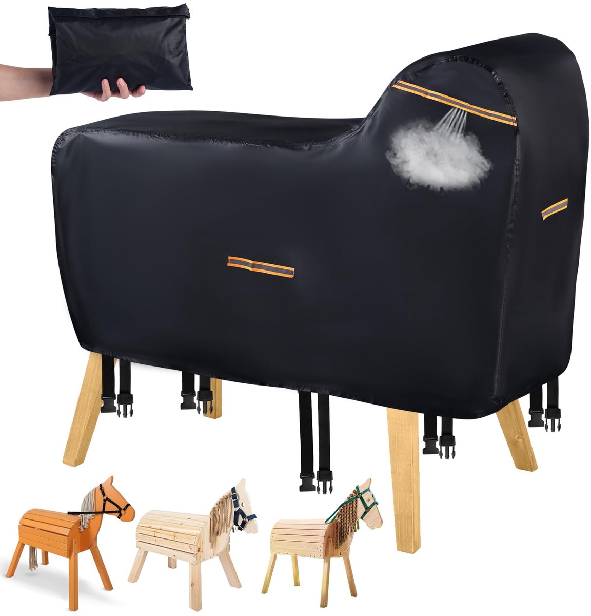 Unyqoos Waterdichte beschermhoes voor houten speelpaarden met reflecterende strepen Zwart