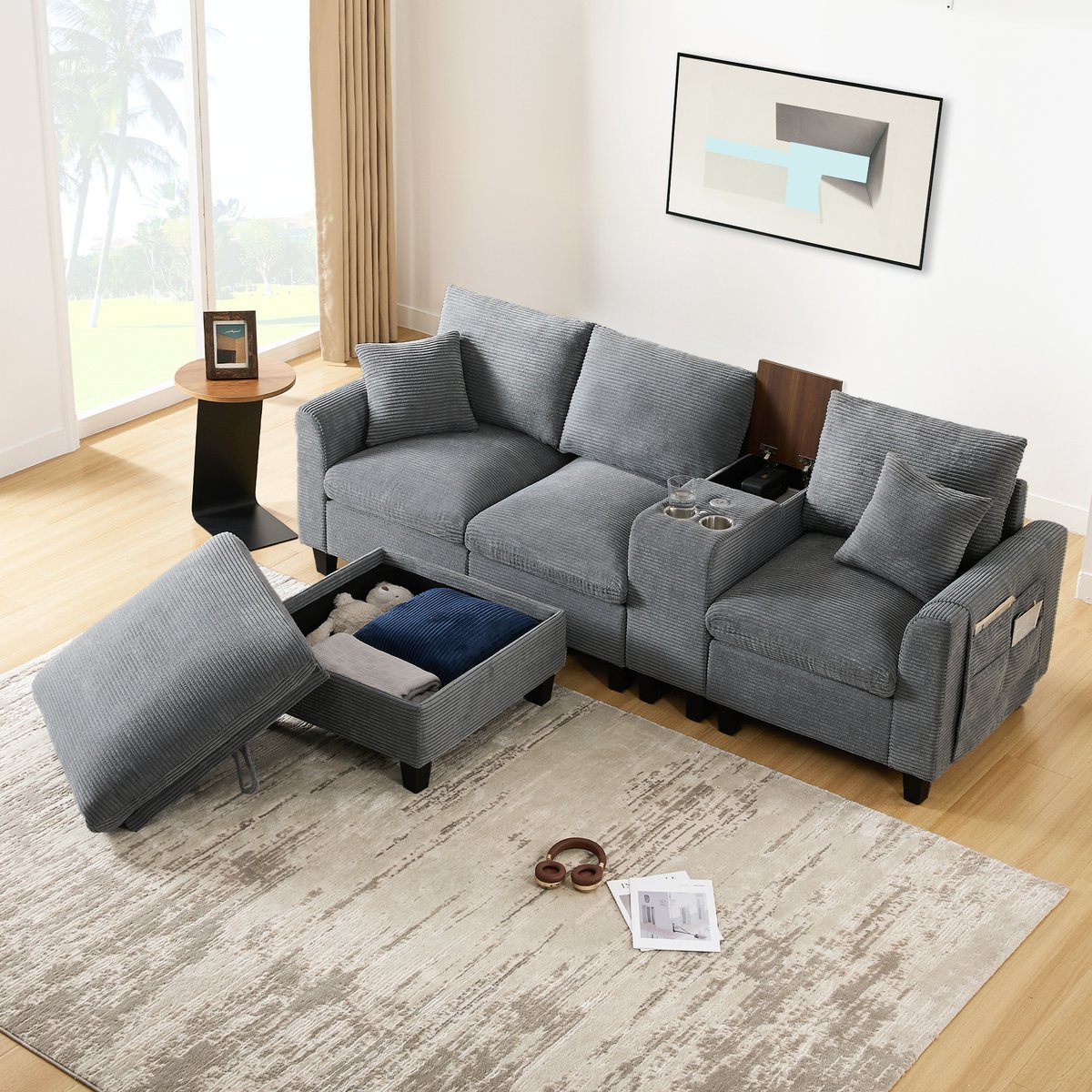 Gutent-Bank Moderne L-vormige hoekbank, converteerbare bank met console, 2 bekerhouders, USB-oplaadpunten, opbergvak in de armleuning en kussens, corduroy stof, comfortabele bank voor woonkamer, appartement, kleine ruimtes