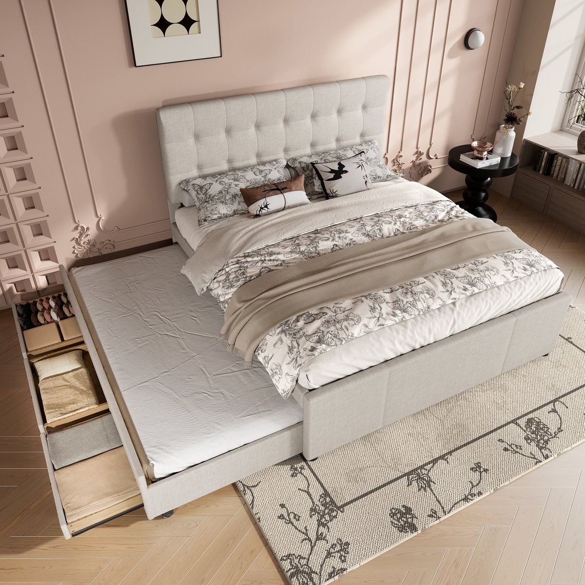 STILVORA Gestoffeerd Bed 140x200 cm – Tweepersoonsbed met uittrekbaar bed & 3 Lades – Verstelbaar Hoofdeinde – Linnen – Beige – Zonder Matras