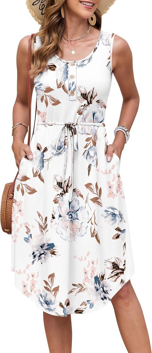 Zomerjurk Dames Mouwloos Ronde Hals Midi Casual met Zakken