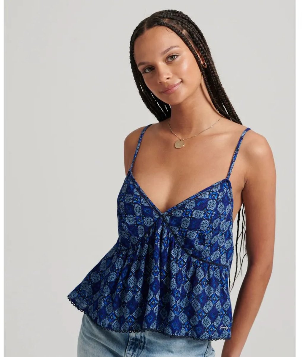 Superdry Vintage Tiered Cami Mouwloze Blouse S Vrouw Blauw