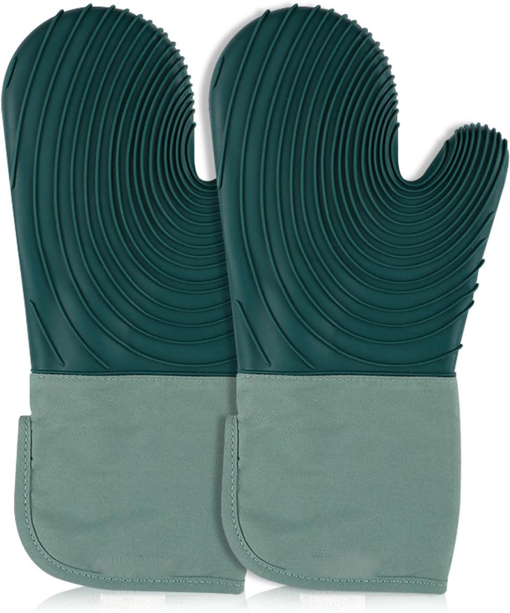 2-delige Siliconen Ovenwantjes met Katoenen Voering-Siliconen geïsoleerde handschoenen - Set siliconen geïsoleerde handschoenen - BPA-vrij Lange Kookwantjes en Onderzetters, Siliconen Grillwantjes voor BBQ - Groen