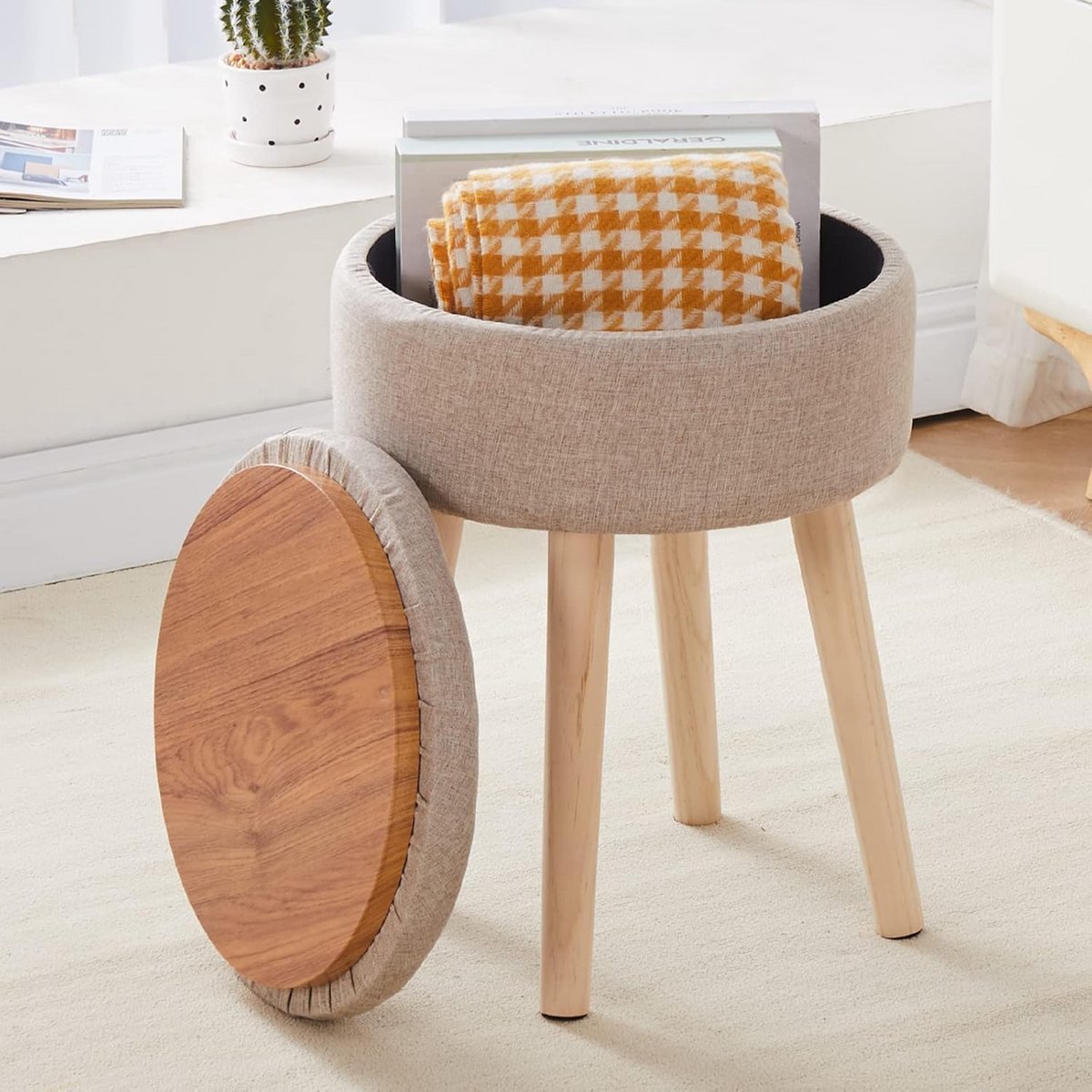 Ronde opslag ottomaan met linnen bekleding en houten poten - multifunctionele voetenbank voor woonkamer en badkamer