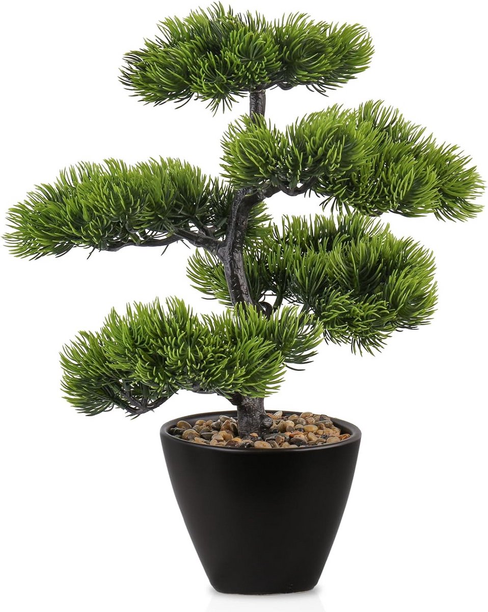Grote Kunstmatige Pijnboom Bonsai in Zwarte Keramische Pot met Steentjes – Realistische Vl