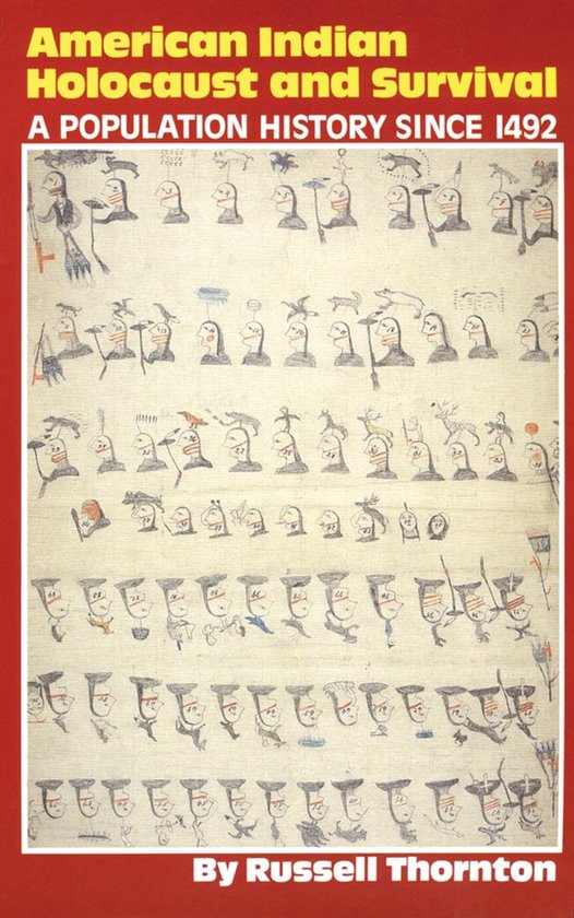 Couverture de livre intitulée 'American Indian Holocaust and Survival: A Population History Since 1492' par Russell Thornton, avec un dessin d'Amérindiens.