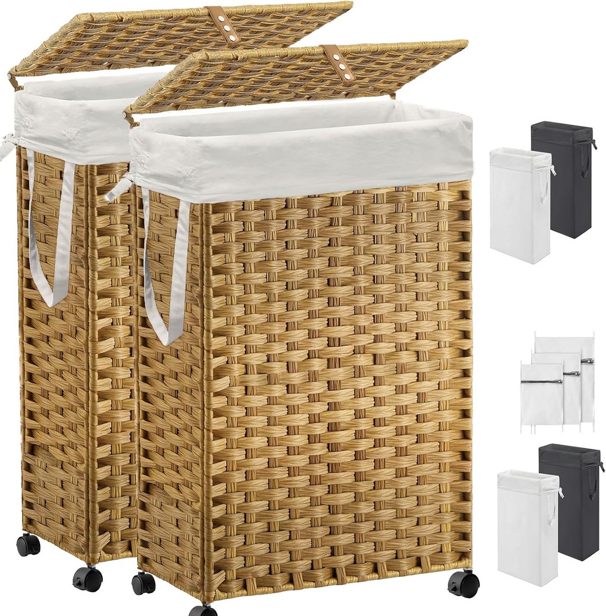 70L Opvouwbare Wasmand met Deksel en Wielen - 2-park met 4 Voeringzakken & 3 Gaaszakken, Handgeweven Rotan
