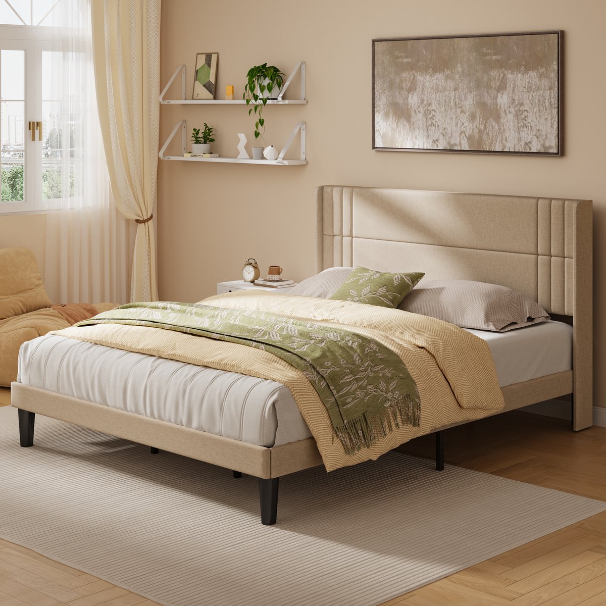 Bealife BF45 Bedframe - 200 x 180 cm - Tweepersoonsbed - Hoofdbord en Lattenbodem - Beige