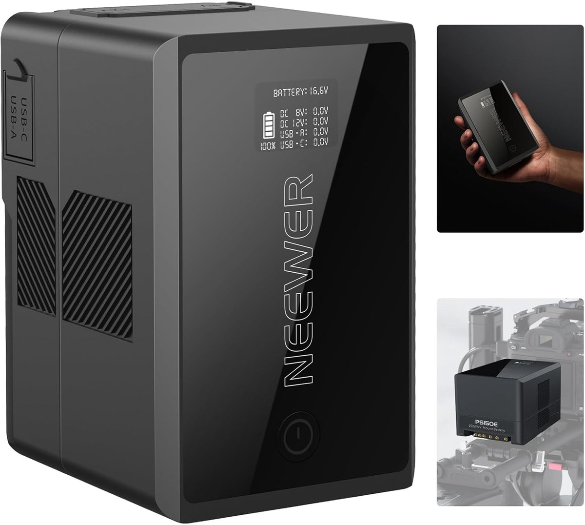 NEEWER V Mount-accu PS150E, 10350 mAh 150 Wh 14,54 V V Lock-accu met 100 W PD-snelladen, met D Tap/USB C/USB A/BP/dubbele DC-aansluitingen/OLED-scherm voor camera, camcorder, monitor, videolamp