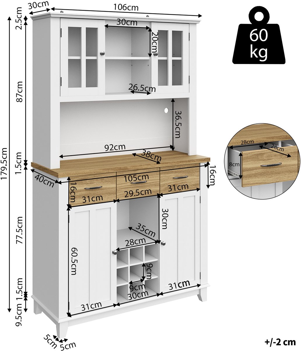 OKWISH Dressoir Kast – Keukenkast Met Vitrine – 6 Vakken + Lade + Wijnrek 9 Flessen – 106x40x179,5 cm – Appbediening LED – MDF Wit – Kiepbeveiliging