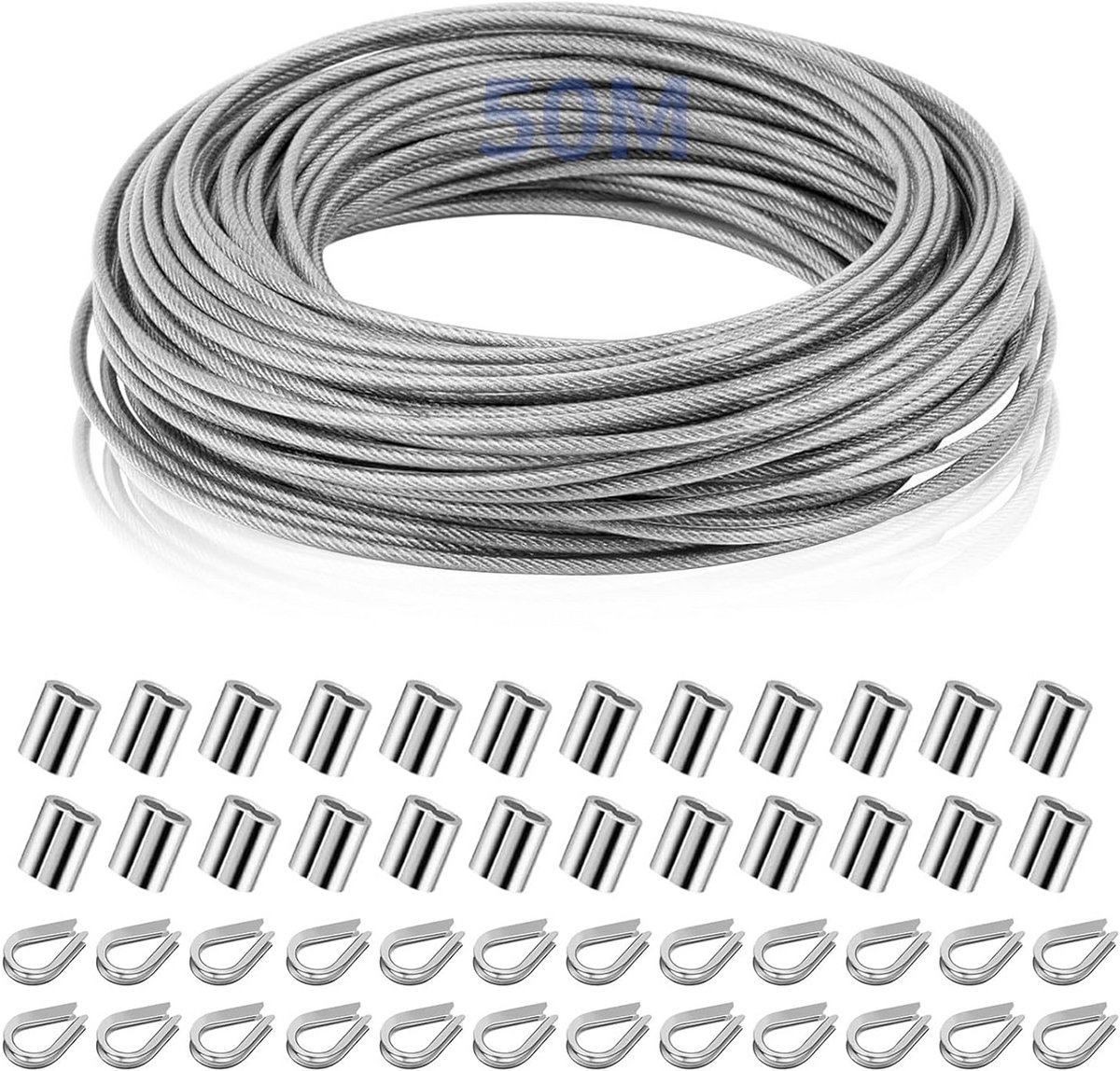 RVS Draadkabel 2 mm, 50 Meter, Zichtbaar/Ommanteld Staalkabel Compleet met Kousen en Krimphulzen