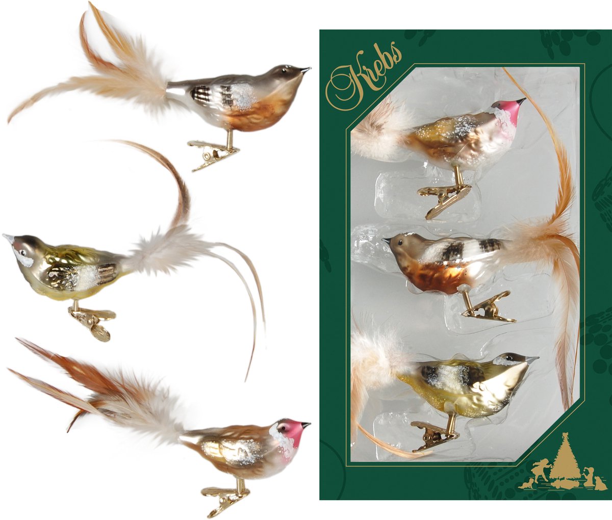 Krebs Decoratie vogeltjes - 6x - goud - op clip - 11 cm - glas - luxe glazen kerst vogels - Decoratievogeltjes - Kerstboomversiering Multi