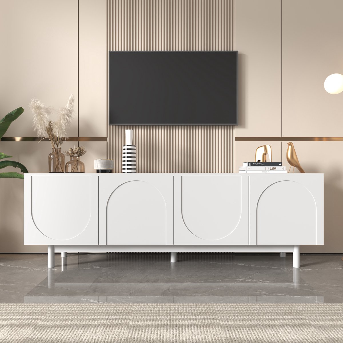 MODFU TV-meubel 175x38x56 cm van spaanplaat en massief hout, met push-to-open deuren en verstelbare planken