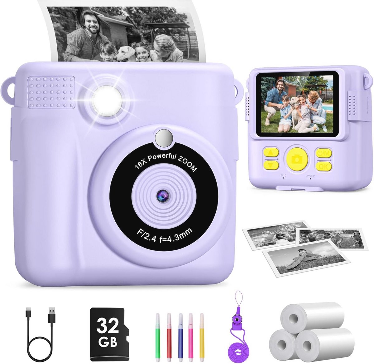 1080p Instant Kindercamera met Printpapier en 32 GB Kaart voor Kinderen van 3-12 Jaar