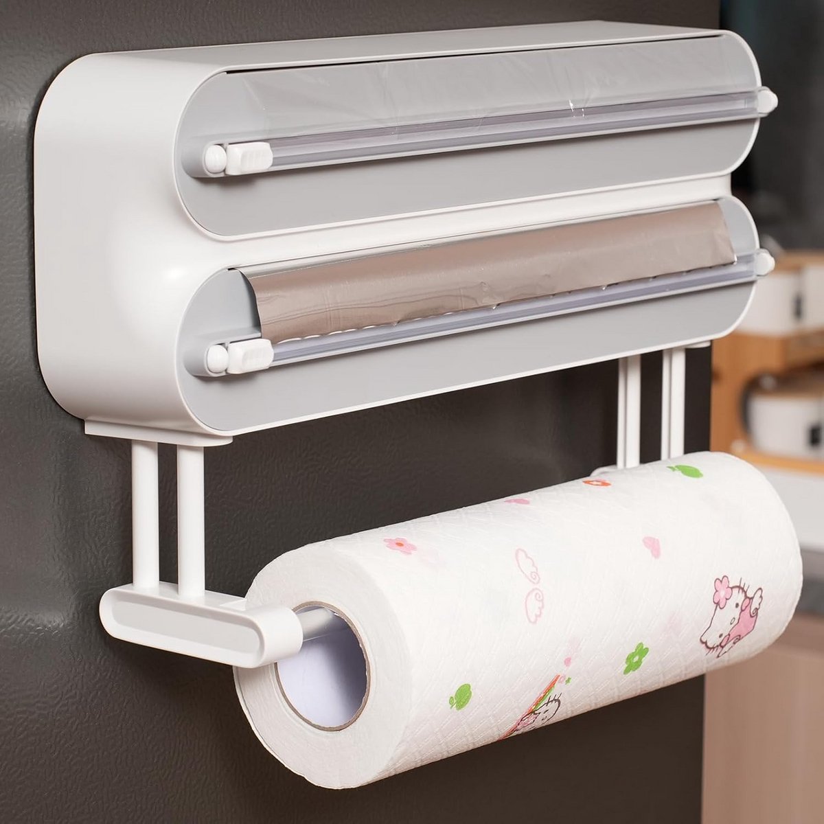 Dispenser voor vershoudfolie met keukenrolhouder