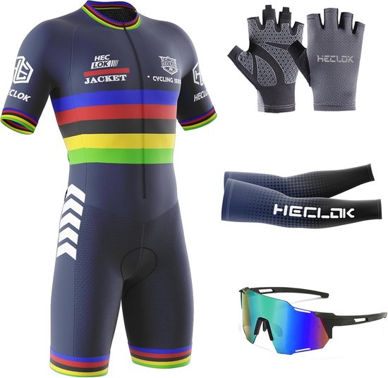 Zwart fietspak met regenboogkleurige strepen op de mouwen en zoom, witte pijlen op het been. Inclusief handschoenen, armwarmers en fietsbril.