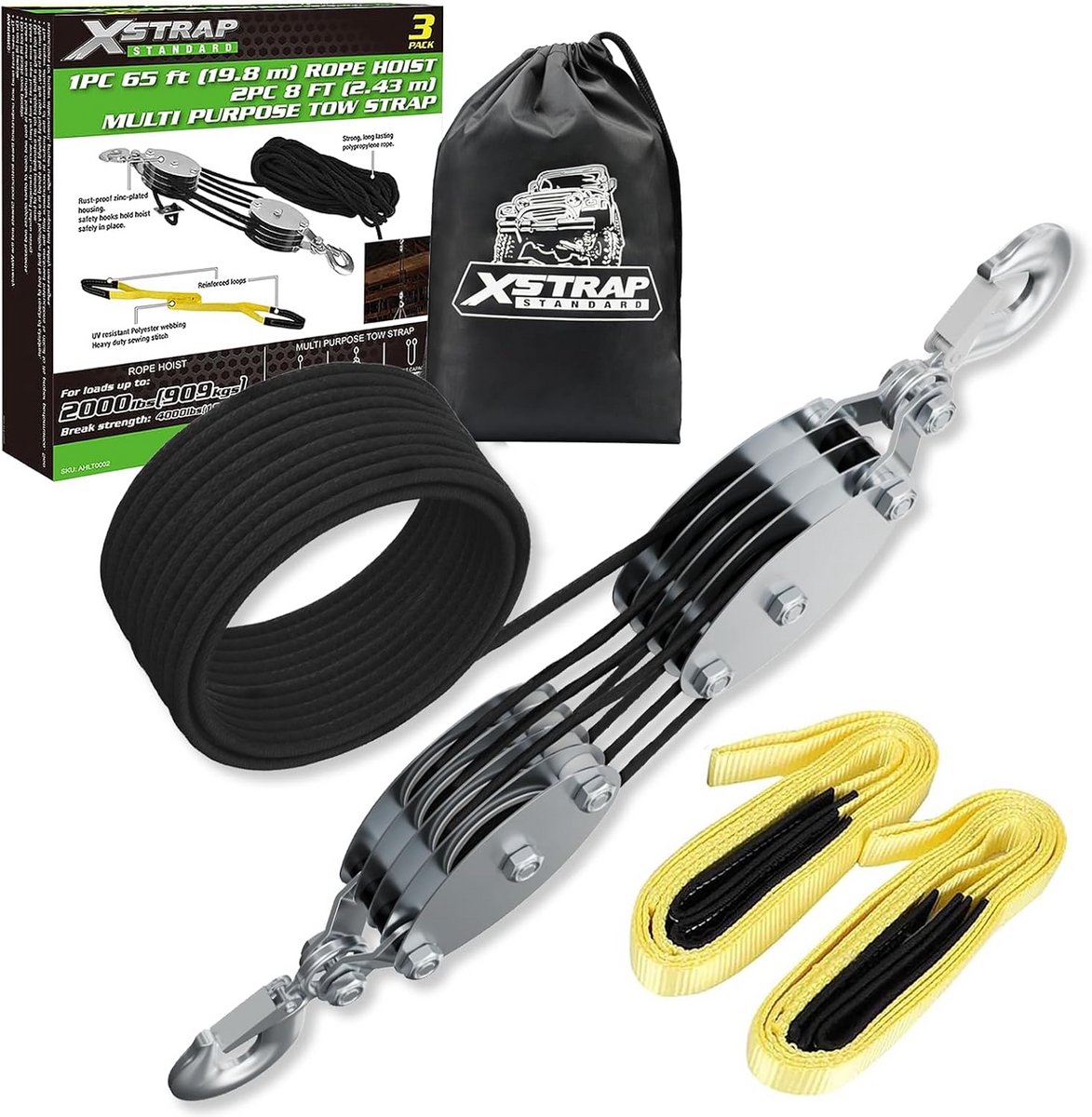 Heavy-Duty 65 FT Rope Hoist with 4lb Breaking Strength and 2PK 8 FT Lift Sling