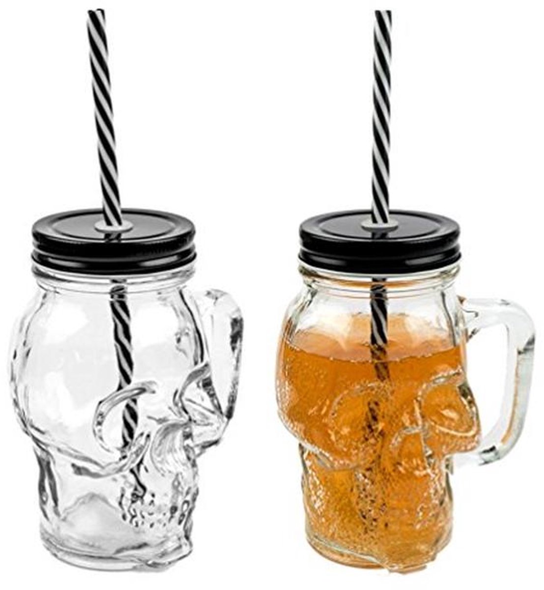 3D Doodskop Drinkglazen Set van 2 - 450ml met Deksel en Rietje