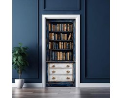 Zelfklevende 3D Deurposter - Vintage Boekenkast Effect voor Woonkamer, Slaapkamer en Keuken - Makkelijk Aan te Brengen 77 x 200 cm