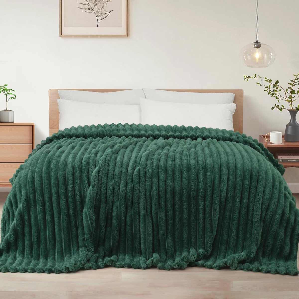 Zachte Fleece Deken - Lichtgewicht Jacquard Gestreepte Deken voor Alle Seizoenen - Queensize Bosgroen (228x228 cm)