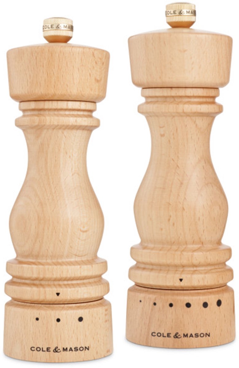Cole & Mason London Peper- en Zoutmolen Set - 18 cm - Naturel Beukenhout - Precision Maalwerk (6/3 Standen)