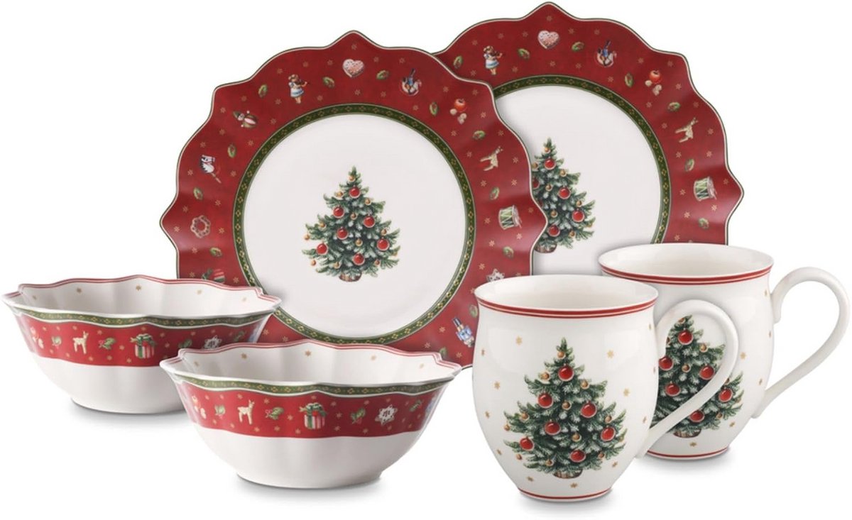 Ontbijtservies voor Twee - 6-delige Set met Speelse Kerstmotieven