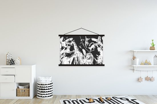 Porte-affiche avec affiche - Affiche scolaire - Aquarelles animaux de la jungle sur fond sombre - noir et blanc - 150x100 cm - Lattes noires