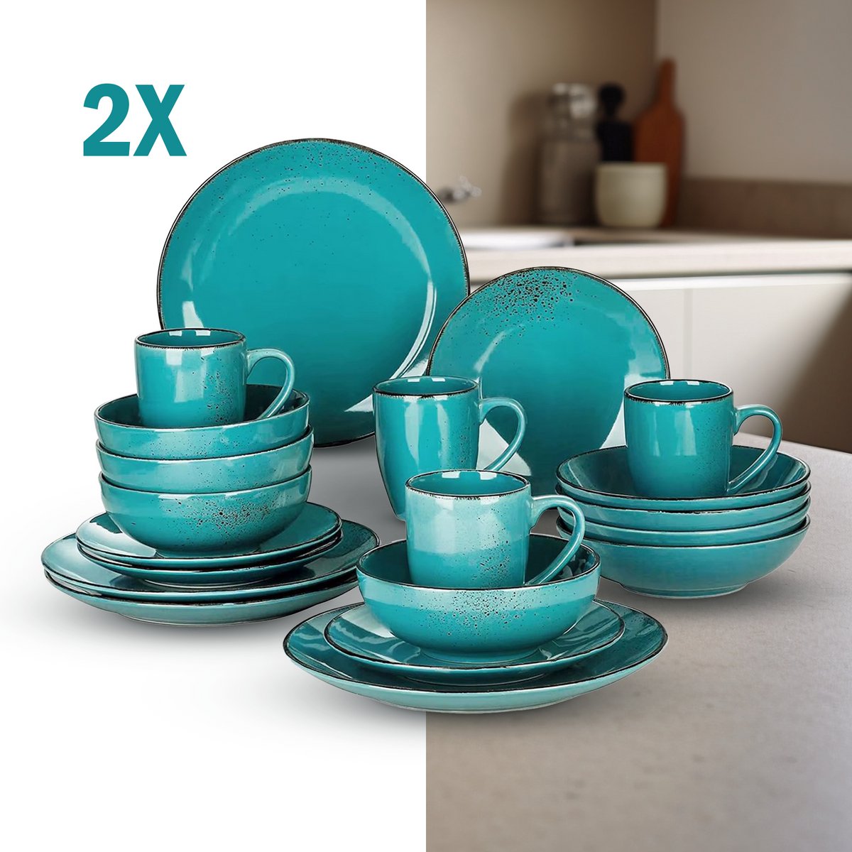 Luxe Serviesset – 32 delig – 8 persoons – Keramische - Bordenset – Dinner platen – Dessertborden - Kommen - Mokken - Meerblauw