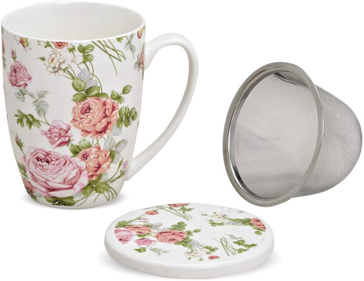 Theemok Rozenbloesem met Deksel en Theezeef van Porselein - 11 cm / 300 ml