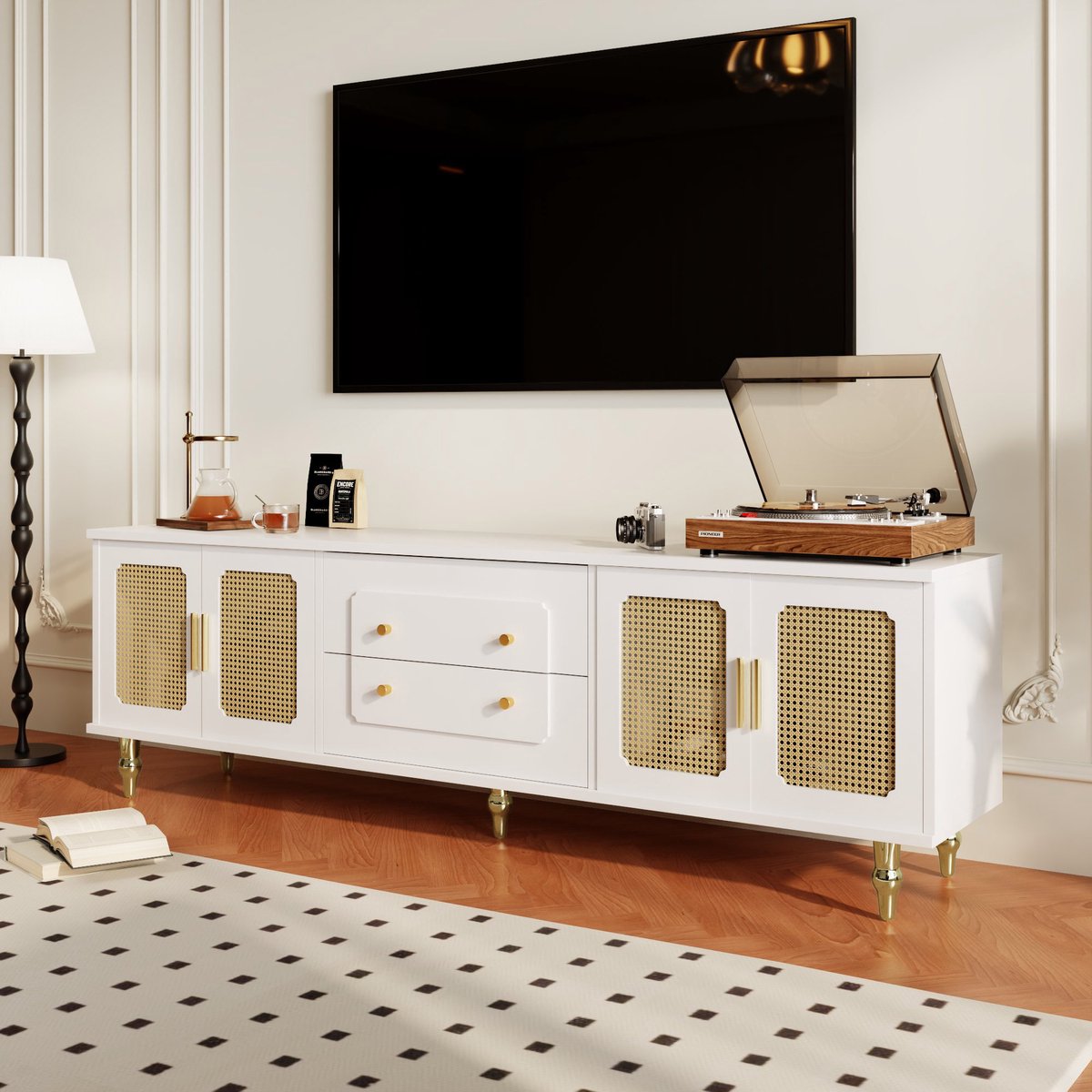 OKWISH TV-Meubel – Retro Serie 4 Deuren – Zonder LED – Rattan Panelen & Gouden Grepen – Spaanplaat Wit – 175 cm