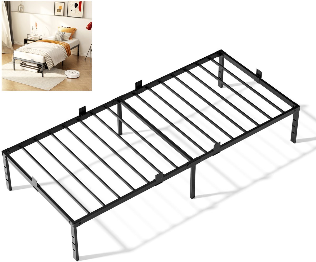 CECIPA Eenpersoonsbed 90x200 cm - Heavy Duty Metalen Bedframe - Met Lattenbodem en 32 cm Opbergruimte - Voor 1 personen - Draagkracht 200 kg