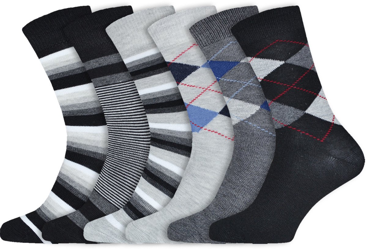 Katoenen herensokken | Mix pakket | Kleur: Grijs | Patroon: Strepen en Ruit | Maat: 43-46 | 6 Paar