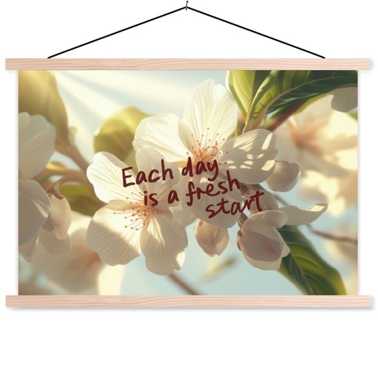 Posterhanger incl. Poster 150x100 cm - Schoolplaat - Bloesems - Zonlicht - Quote - Wit - Textielposter - Blanke latten