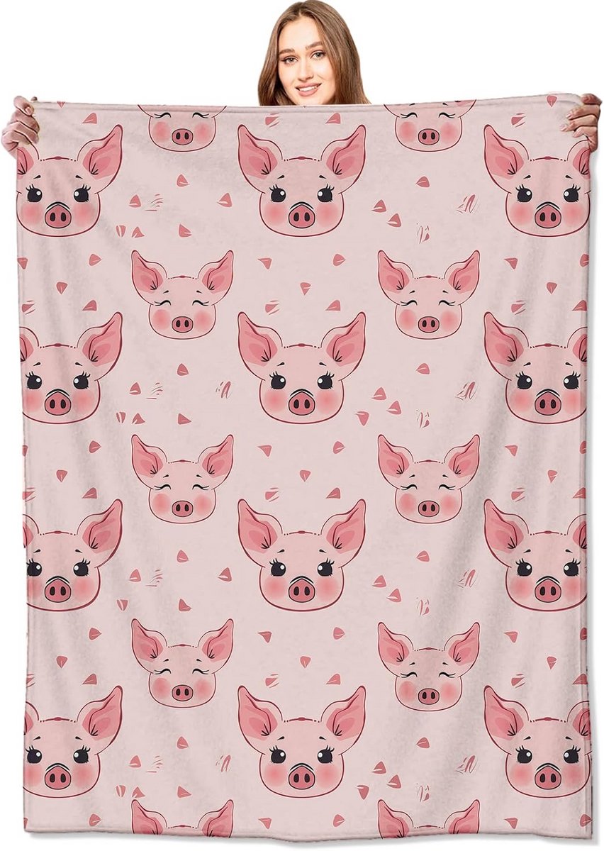 Zachte Fleece Plaid met Schattig Roze Varken en Hartjes - Lichtgewicht Dekentje voor Bank en Reizen