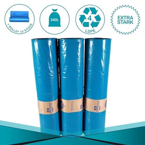 Tear-proof Blue Garbage Bags 240 Litres - Pack of 10 van Merkloos	 — afbeelding 2