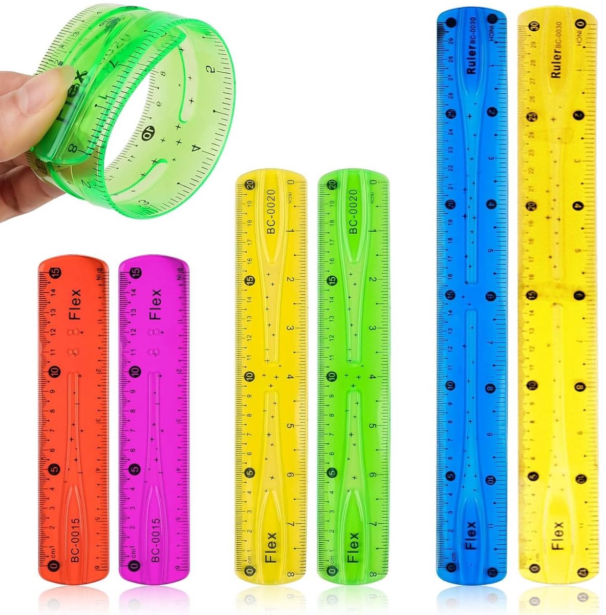 Flexibele en kleurrijke liniaalset - 6 stuks (15 cm, 20 cm, 30 cm) voor school en kantoor