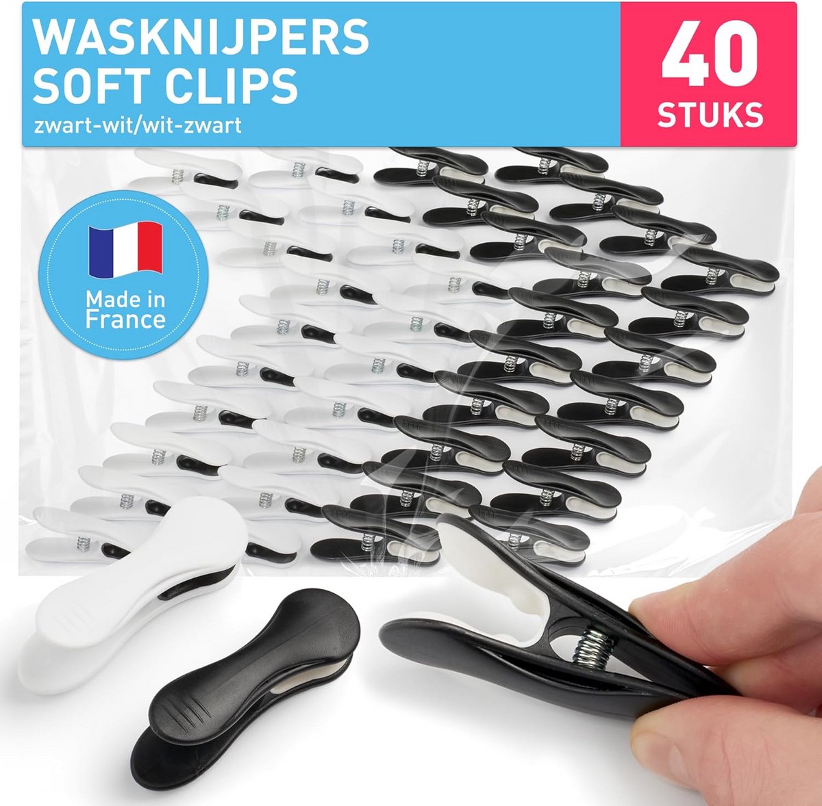 Zwarte en Witte Soft Clips Wasknijpers - 40 Stuks