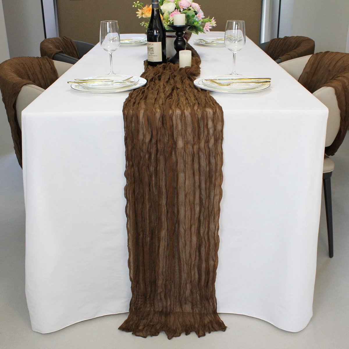 Luxe Tafelloper Set van 6 Stuks Bruin Chiffon Gaas 3 Meter