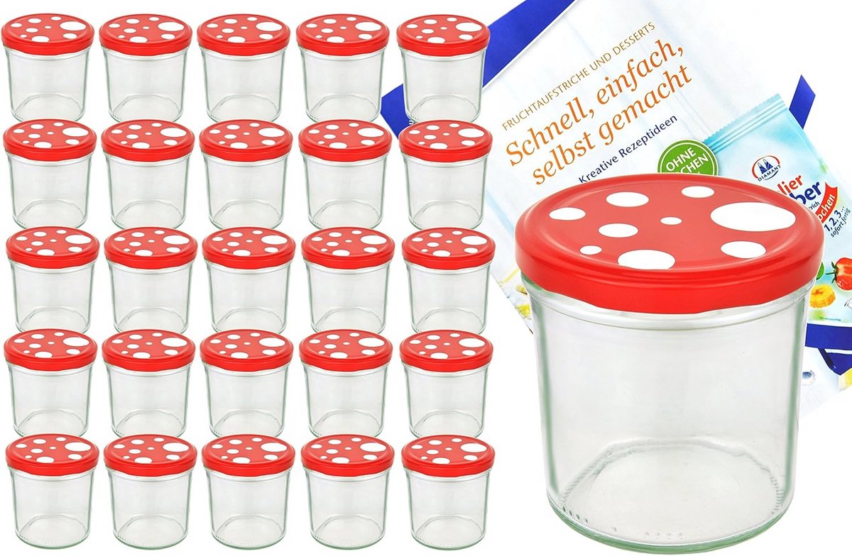 Set van 25 weckpotten 350 ml met rood-wit gestippelde deksels en receptenboekje