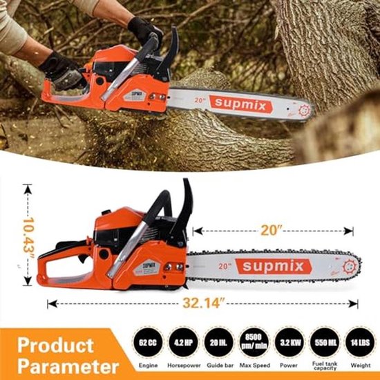 Krachtige 62cc Gas Kettingzaag met 20 Inch Zaagblad voor Hout en Boomtrimmen — afbeelding 4
