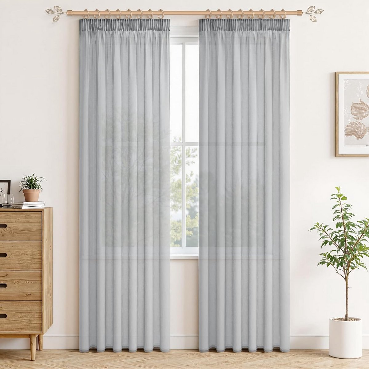 Grijze Voile Gordijnen voor Slaapkamer en Woonkamer - 88 cm Driehoek Plooi 2 Panelen