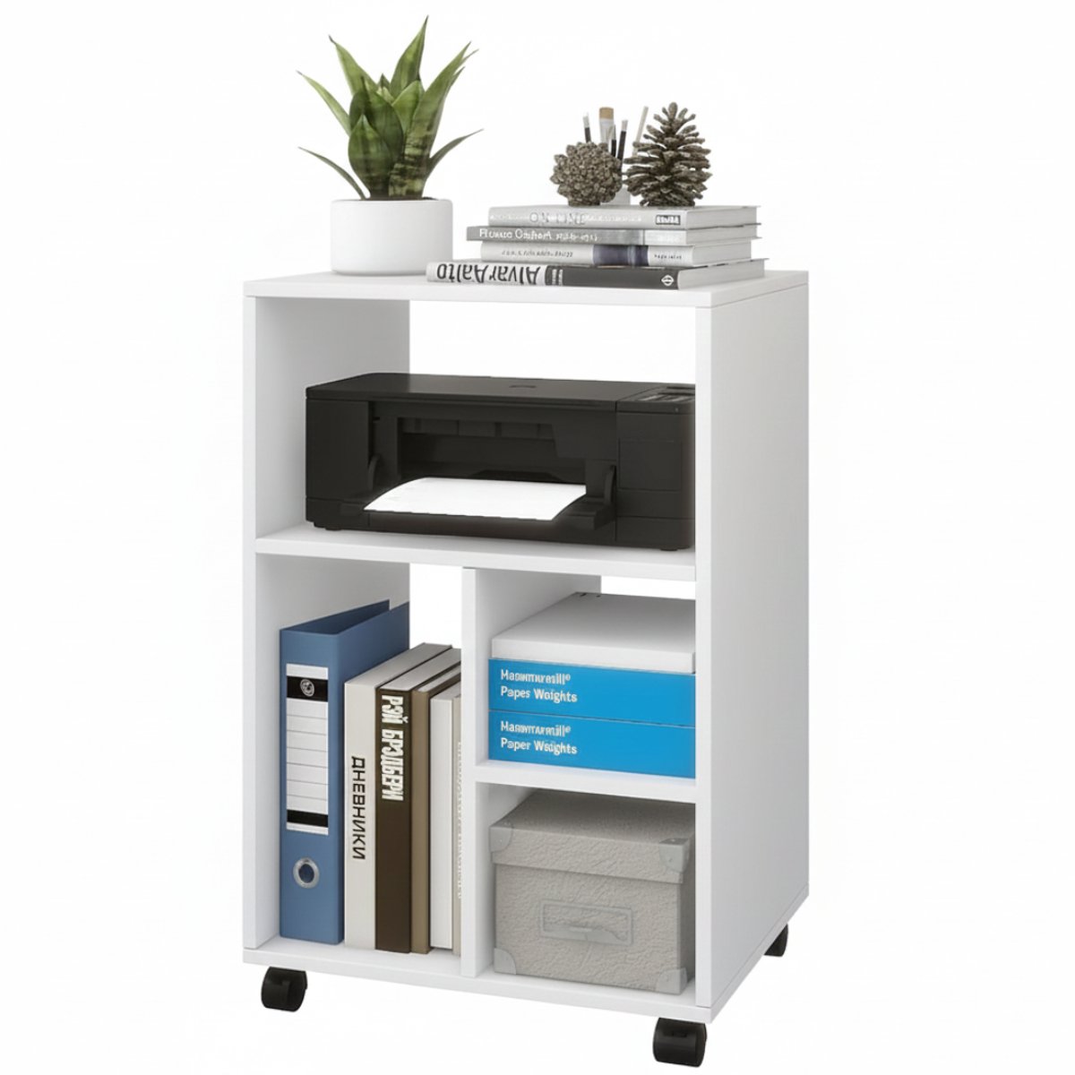 ZRSS® Dossierkast - Archiefkast met Wieltjes - Kantoorkast - Opbergkast - 4 Planken - Hout - Wit