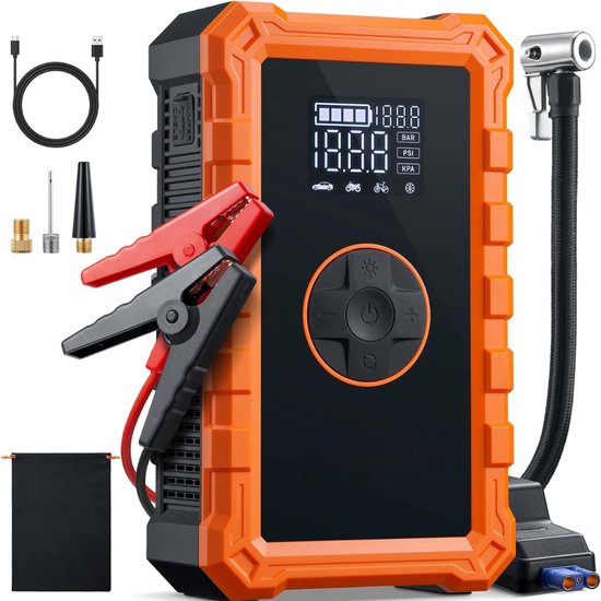 Startbooster voor auto, draagbaar, 3000 A, powerbooster, accu 12 V, noodgevallen voor benzinemotoren 8,0 l en diesel, pakket met powerbank luchtcompressor, hoge efficiëntie voor alle Startbooster voor auto, draagbaar, 3000 A, powerbooster, accu 12 V, noodgevallen voor benzinemotoren 8,0 l en diesel, pakket met powerbank luchtcompressor, hoge efficiëntie voor alle