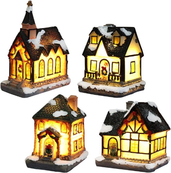Kerstdorp Verlicht – Mini Kersthuisjes Set Van 4 – Kleurrijke Figurendecoratie Met Warm Licht – Winterse Miniaturen Voor Binnen Decoratie