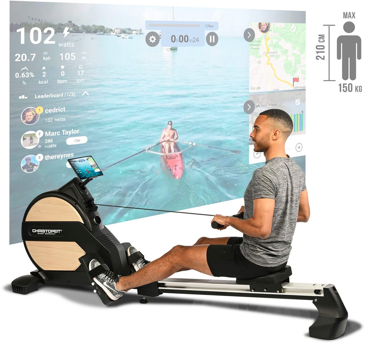 Christopeit Roeitrainer opklapbaar - LED - 32 weerstandsstanden - 150kg + 210cm - Vico zwart