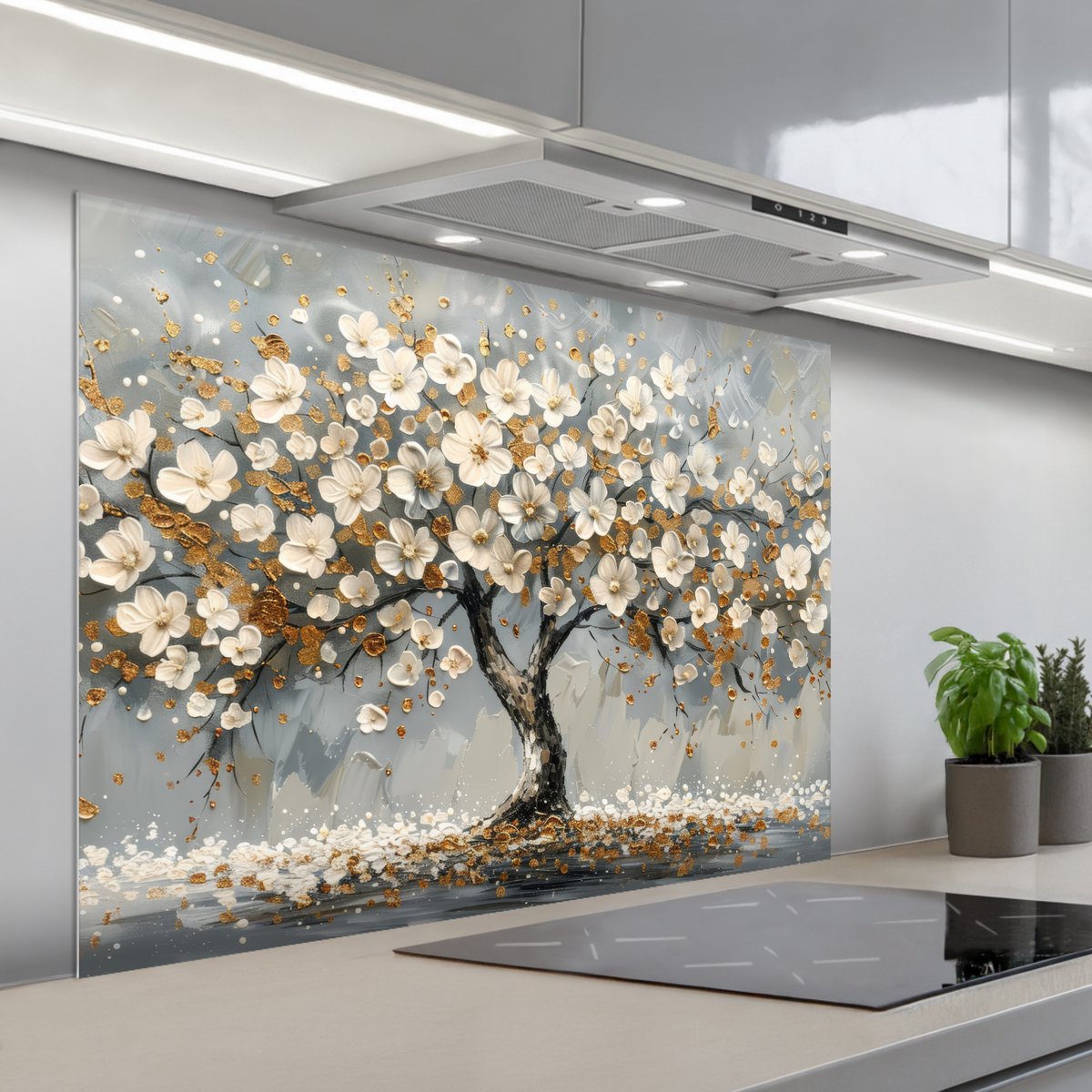 Spatscherm 100x75 cm - Zelfklevende achterwand Boom - Goud - Bloemen - Abstract - Kunst - Keuken muurbeschermer - Spatwand fornuis