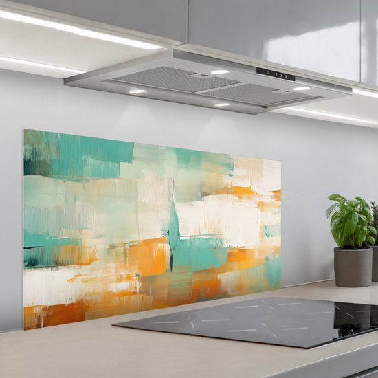 Spatscherm 100x50 cm - Zelfklevende achterwand Kunst - Abstract - Blauw - Wit - Keuken muurbeschermer - Spatwand fornuis